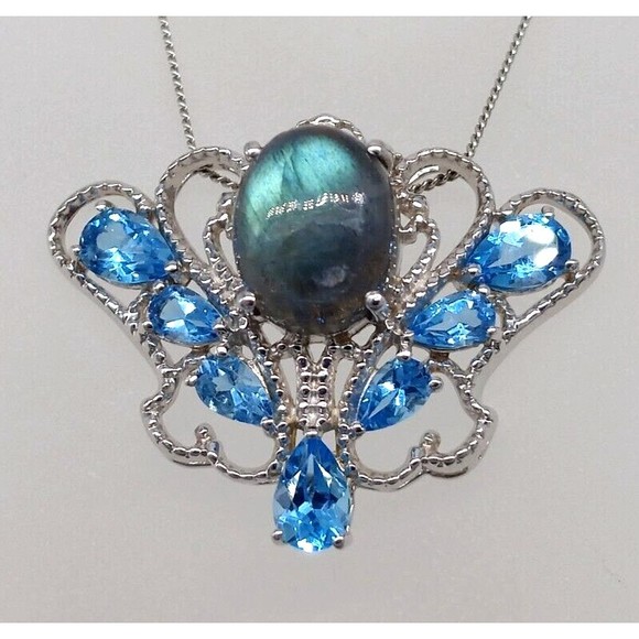 Chuck Clemency Blue Gemstone Topaz Pendant Necklace STS 925 Sterling Sparkly! - Picture 10 of 14